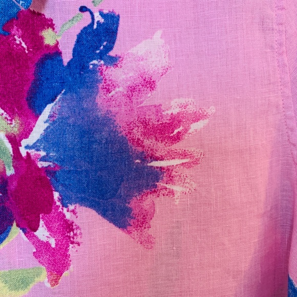 Chico's Linen Button Up Shirt Size 10 Pink Floral Tropical Hawaiian Vacation - Picture 5 of 11